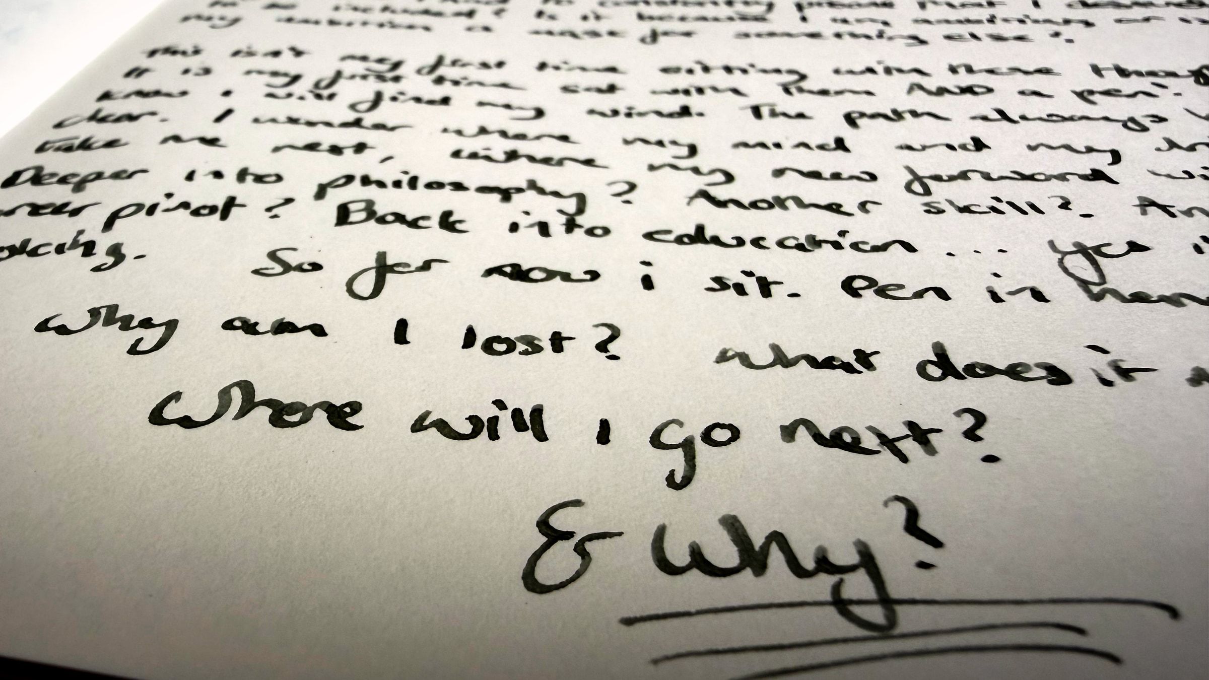 My handwritten notebook page photographed close and at an angle. The questions at the foot read why am I lost, where will I go next, and why. Why is underlined twice.